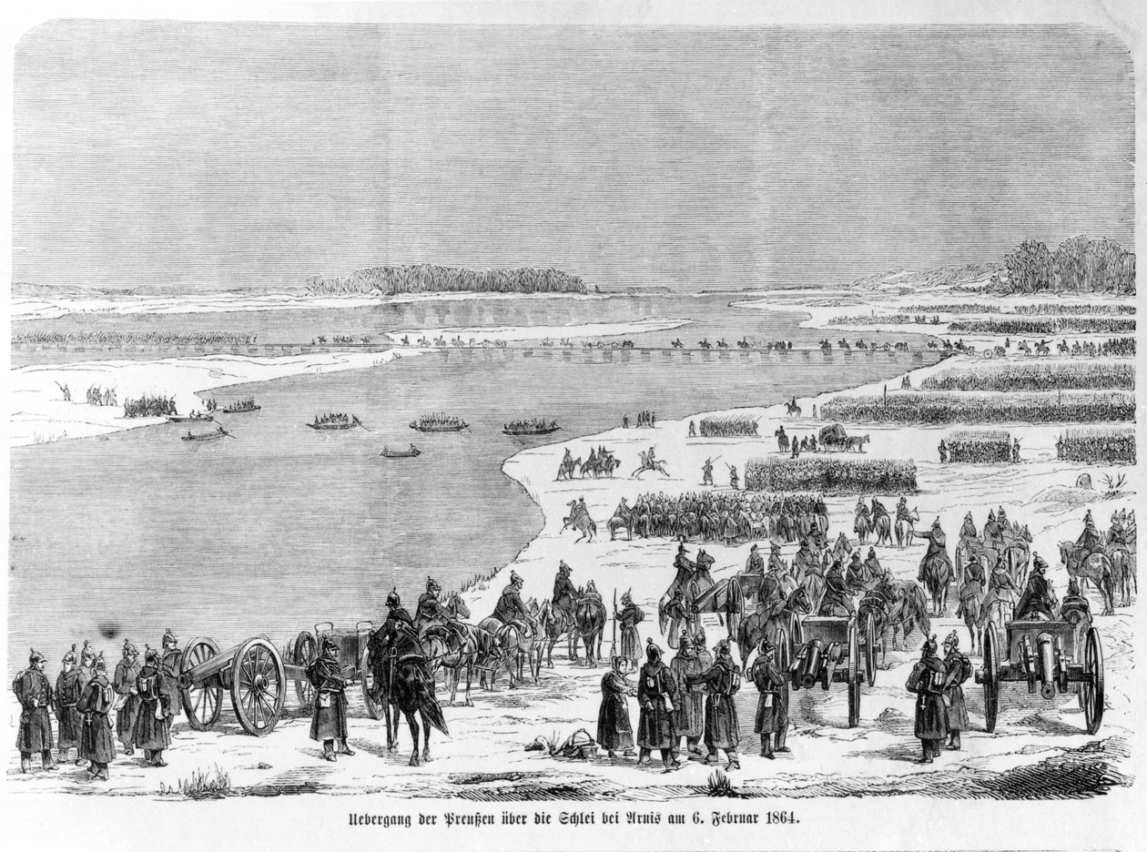 Wojna księstw, armia pruska przeprawiająca się przez Shlei pod Arnis, ilustracja z "Illustrierte Kriegsberichte aus Schleswig-Holstein", 1864 r. autorstwa German School
