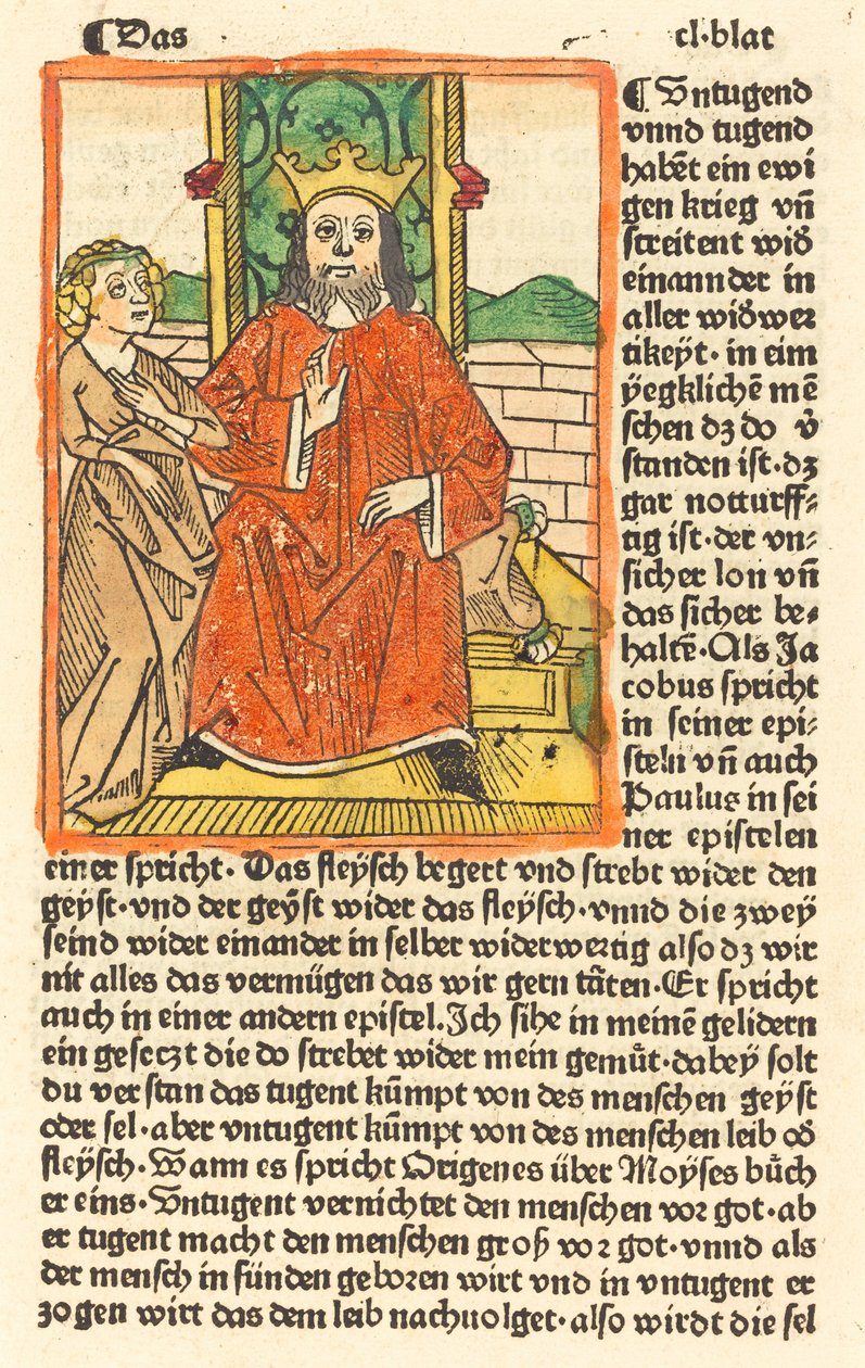 Ukoronowany mężczyzna na tronie z Dziewicą stojącą po lewej stronie autorstwa German 15th Century