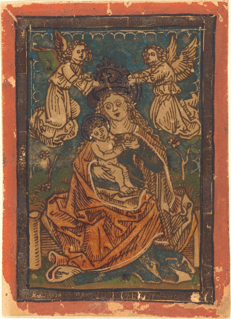 Madonna z Dzieciątkiem siedzą na trawiastym brzegu z aniołami autorstwa German 15th Century