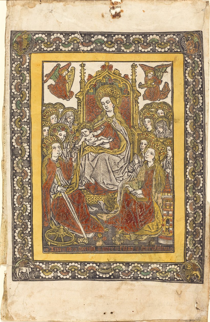 Madonna na tronie z osiemnastoma świętymi niewiastami autorstwa German 15th Century or Master with the Mountain Like Clouds