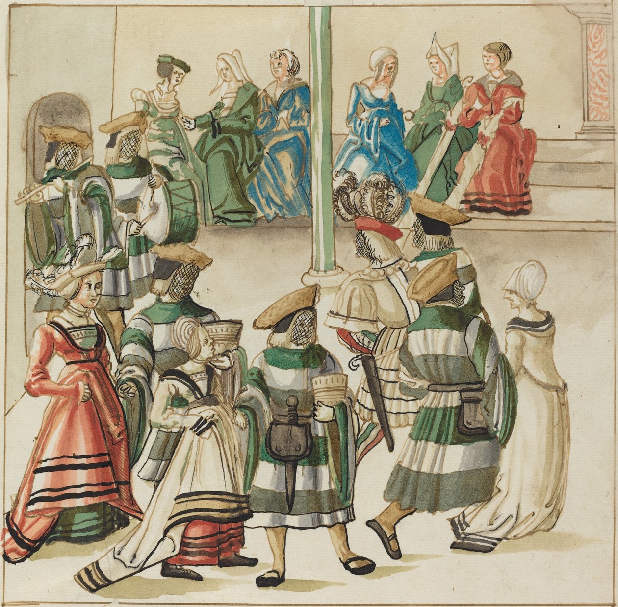 Trzy tańczące pary prowadzone przez dwóch rycerzy w sali z kolumną autorstwa German 16th Century