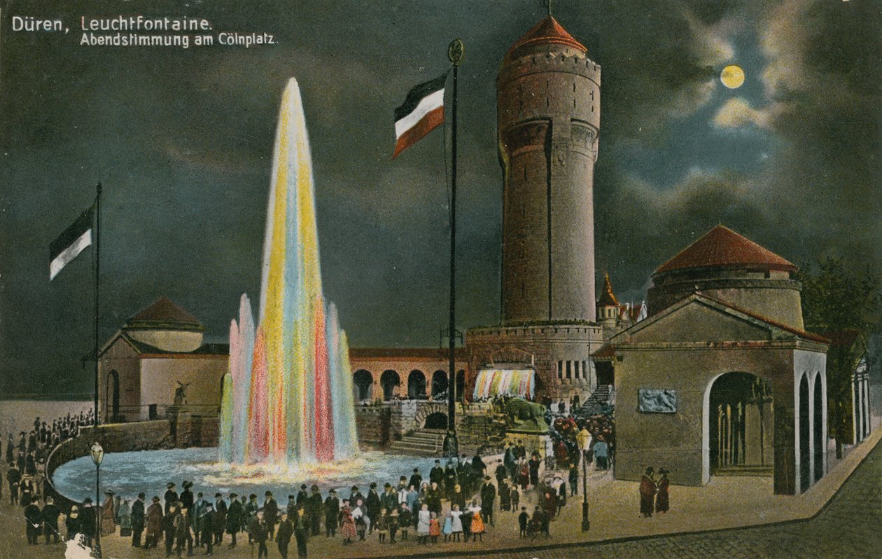 Duren, Leuchtfontaine, wieczorna atmosfera na Colnplatz. Pocztówka wysłana 20 marca 1913 r. autorstwa German Photographer