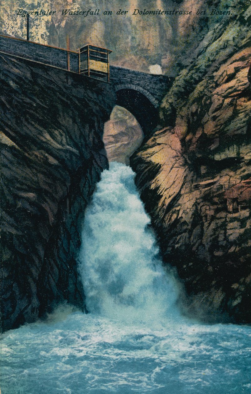 Wodospad Eggental na drodze w Dolomitach niedaleko Bolzano. Pocztówka wysłana 7 sierpnia 1913 r. autorstwa German Photographer