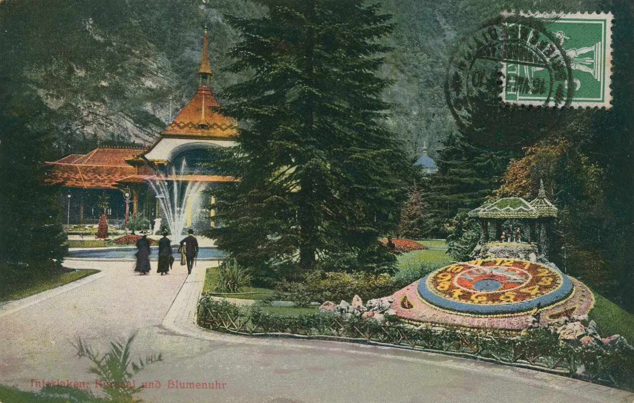 Interlaken, Kursaal i zegar kwiatowy. Pocztówka wysłana 16 sierpnia 1913 r. autorstwa German Photographer