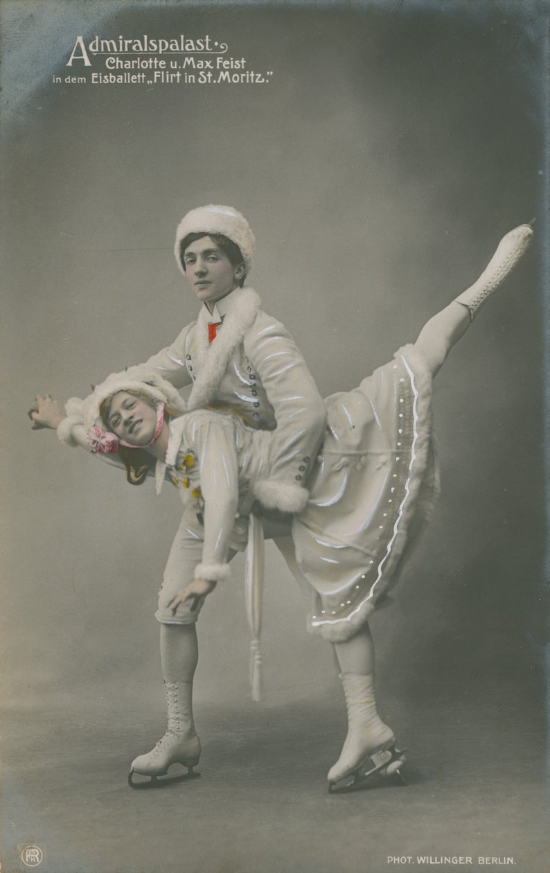 Pocztówka z łyżwiarzami, wysłana w 1913 r. (zdjęcie ręcznie kolorowane) autorstwa German Photographer