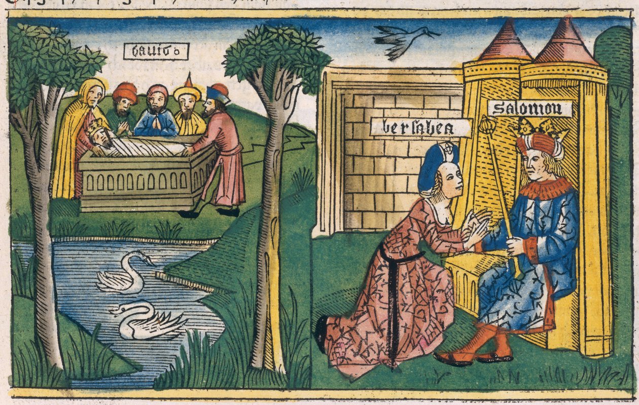 1 Królów 2 10-11 Śmierć Dawida i 2 Królów 19-25 Batszeba prosi Salomona, aby Abiszag poślubił Adoniasza, z Biblii Norymberskiej (Biblia Sacra Germanaica) (kolorowy drzeworyt) autorstwa German School