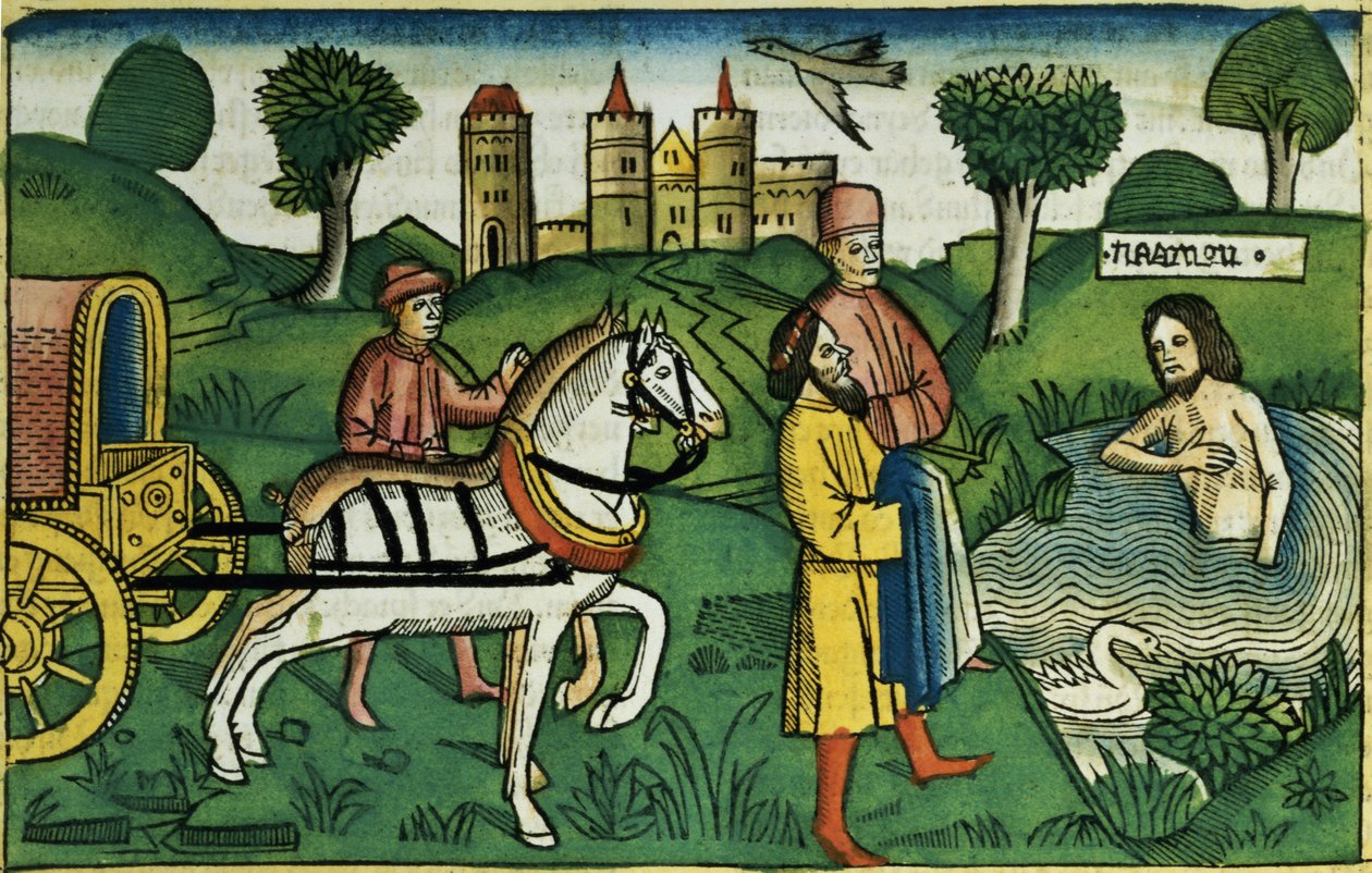 2 Królów 5 14 Oczyszczenie Naamana, z Biblii Norymberskiej (Biblia Sacra Germanaica) (kolorowy drzeworyt) autorstwa German School
