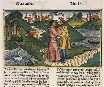 2 Samuela 3:27 Joab morduje Abnera, z "Biblii Norymberskiej (Biblia Sacra Germanaica)" (drzeworyt kolorowany) autorstwa German School