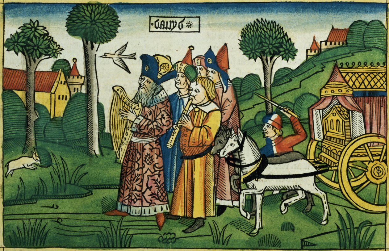 2 Samuela 6 1-5 Dawid sprowadza Arkę do Jerozolimy, z Biblii Norymberskiej (Biblia Sacra Germanaica) (kolorowy drzeworyt) autorstwa German School
