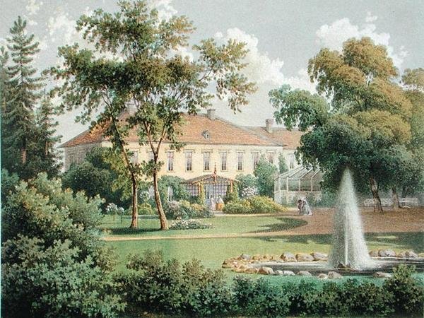 Ogród niemiecki, z „Wiejskie rezydencje, zamki i rezydencje rycerskich właścicieli ziemskich w monarchii pruskiej”, wyd. ok. 1852–63 (kolor lito) autorstwa German School