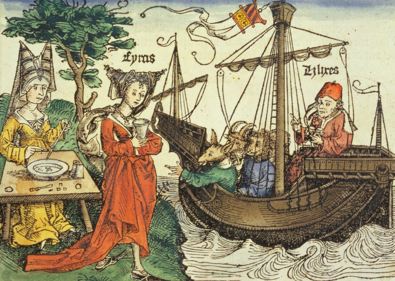 Czarodziejka, prawdopodobnie Kirke z kielichem trucizny i Odyseusz z towarzyszami z Kroniki Norymberskiej Hartmanna Schedla (1440-1514) 1493 autorstwa German School