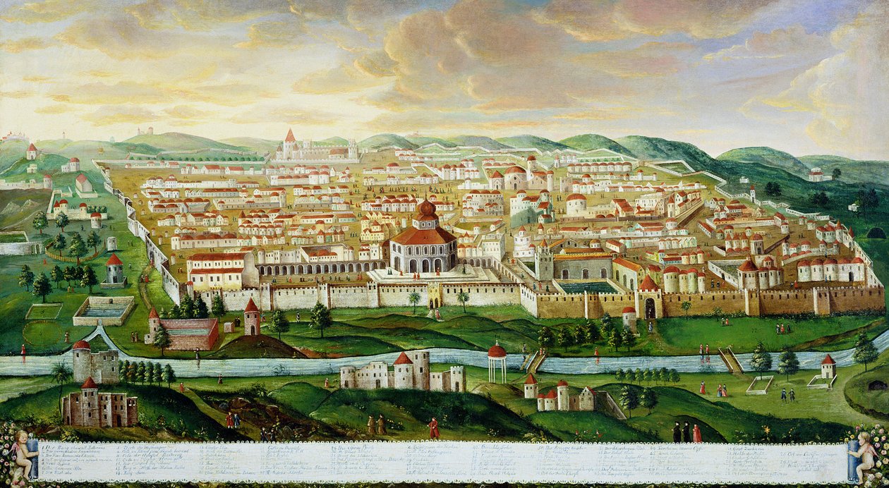 Widok na miasto otoczone murami Jerozolimy, ok. 1740 autorstwa German School