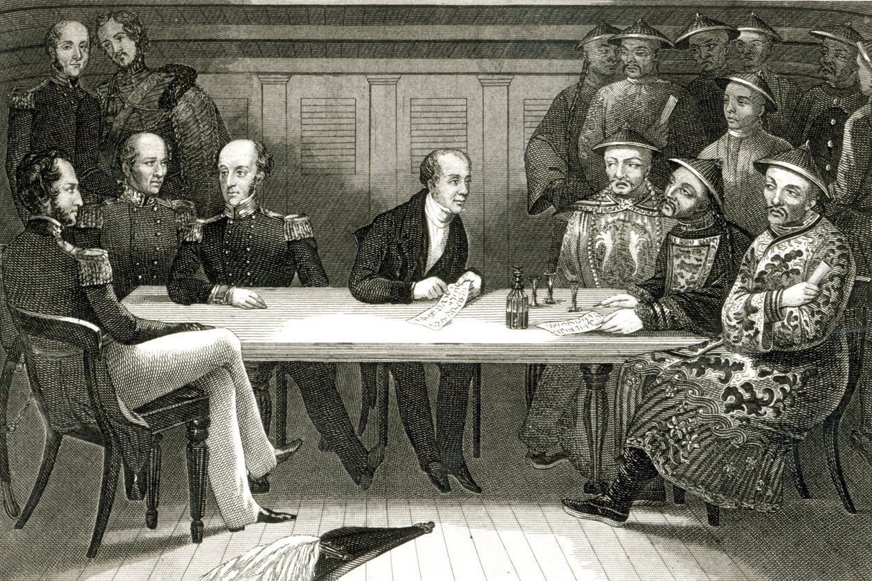 Konferencja w Chusan pomiędzy komandorem Bremerem a Chang, chińskim urzędnikiem, na pokładzie HMS Wellesley, 4 lipca 1841 autorstwa German School