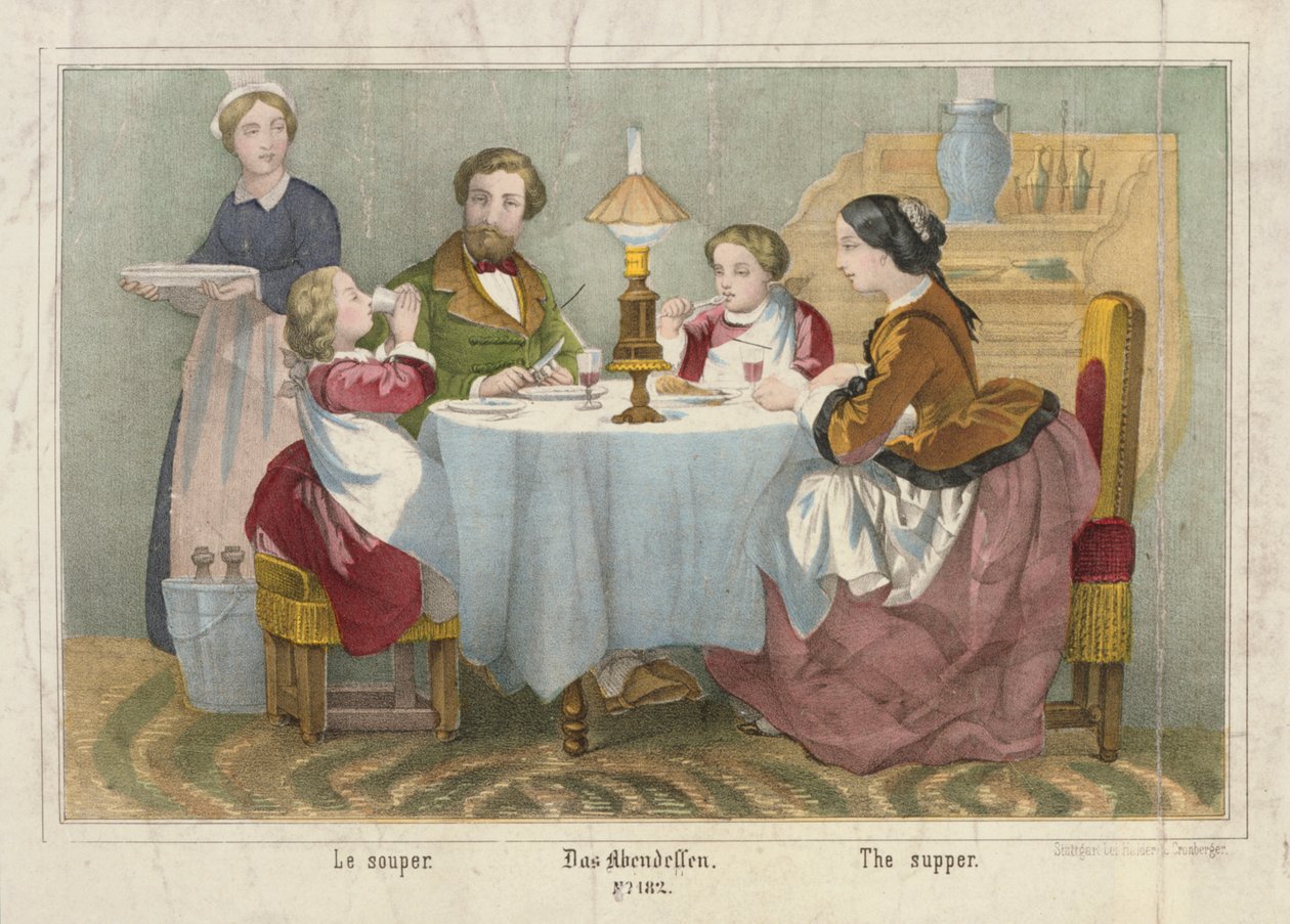 Rodzina przy wieczornym posiłku, gazetka obrazkowa opublikowana przez Haidera i Cronbergera, Stuttgart, 1860 autorstwa German School