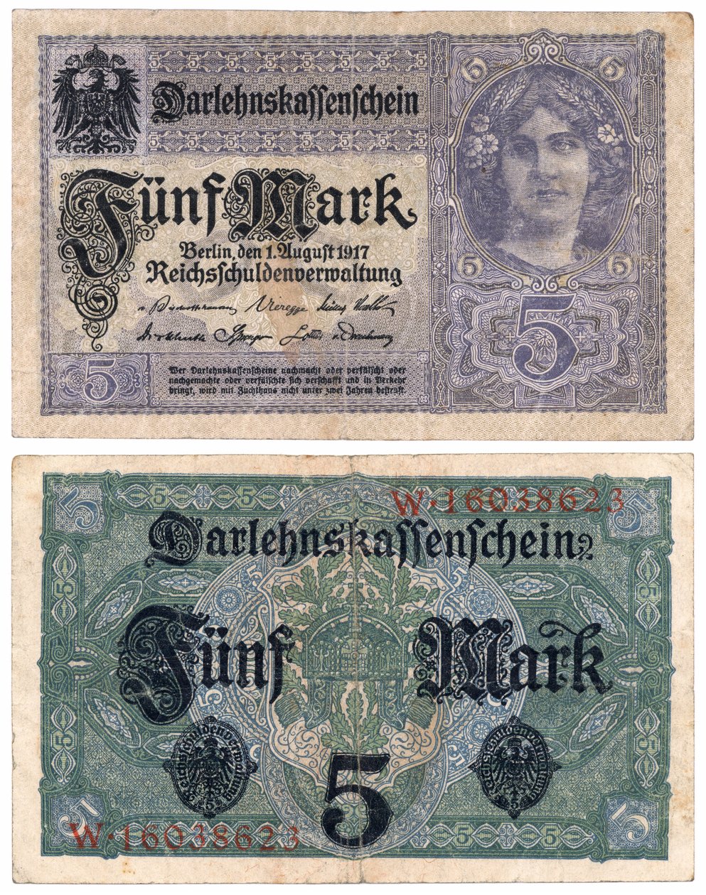 Banknot pięciomarkowy, 1917 (odwrócony i odwrócony) autorstwa German School