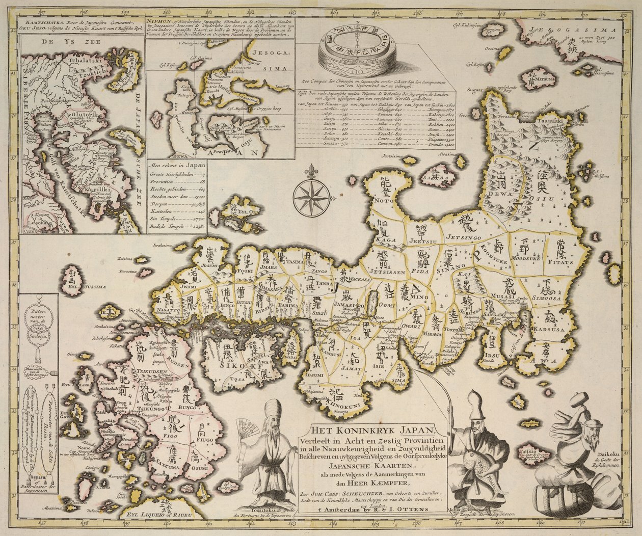 Mapa Królestwa Japonii podzielonego na sześćdziesiąt osiem prowincji, Oddzielne mapy Kamschatki i Niphon autorstwa German School