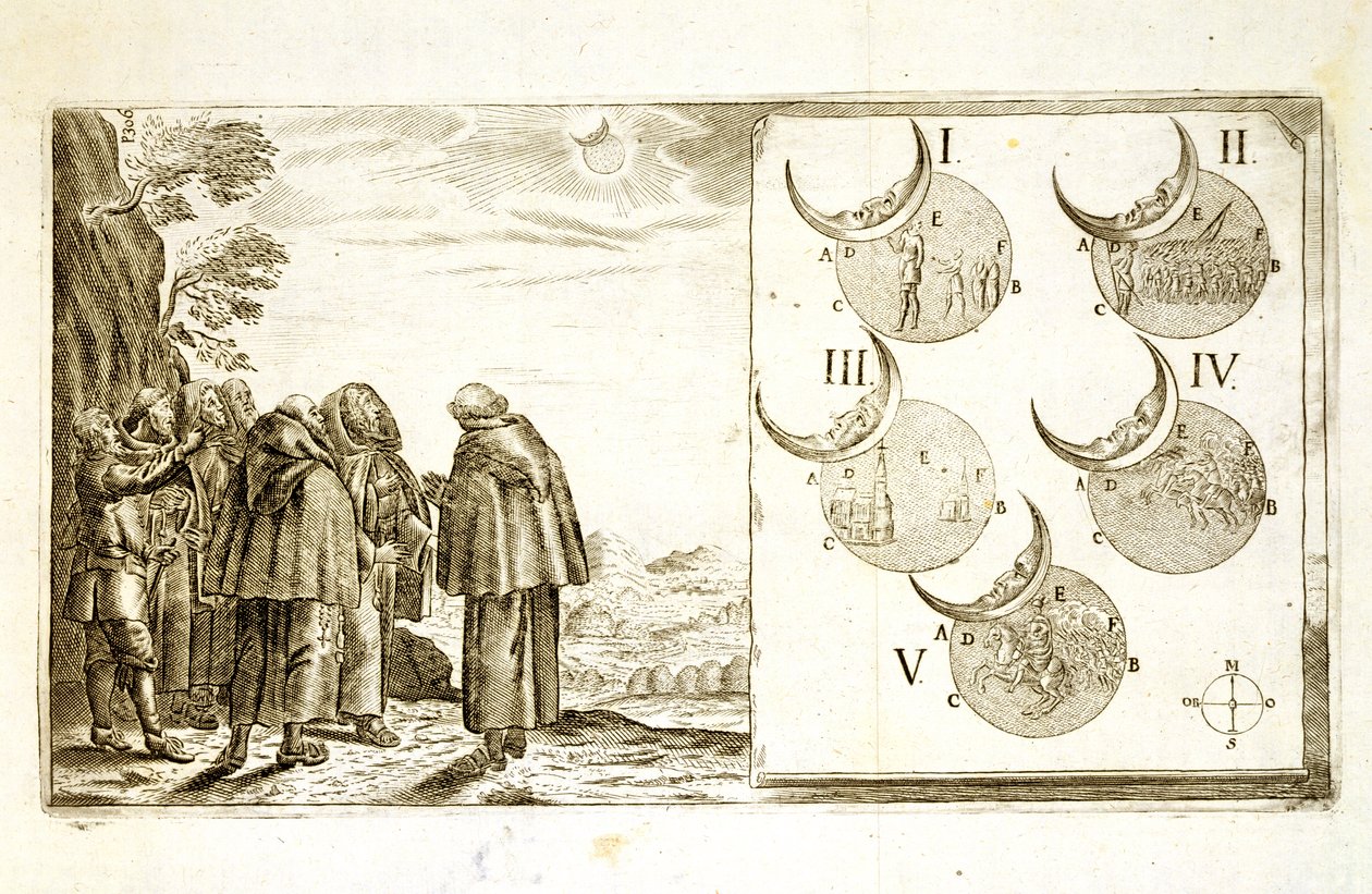 Atak wojskowy zaplanowany zgodnie z fazami zaćmienia, ilustracja z książki o kampaniach osmańskich w Europie, rytowana przez Paula Fursta (ok. 1605-66) autorstwa German School