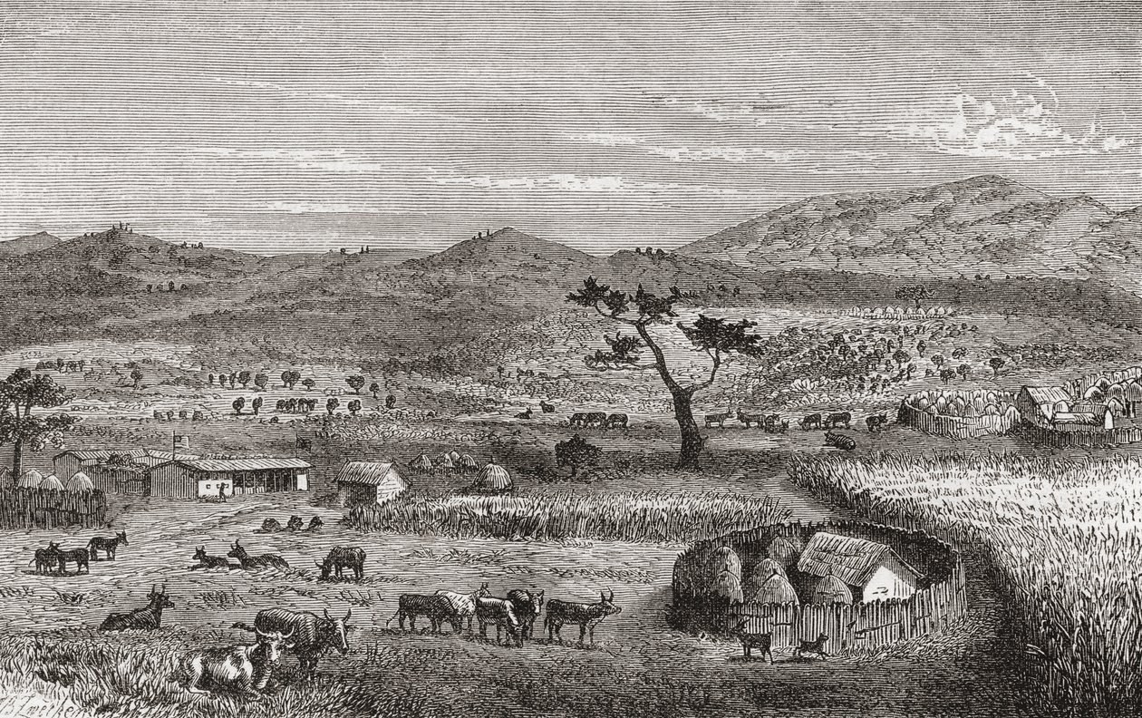 Osada w Kouiharze w Afryce Zachodniej, ilustracja z książki „Świat w rękach”, wydanej w 1878 r. autorstwa German School