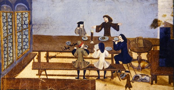 Scena we wnętrzu karczmy z postaciami pijącymi alkohol, ok. 1690 (gwasz na papierze) autorstwa German School