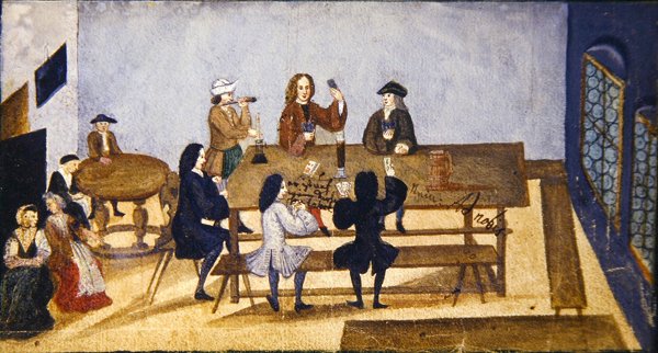 Scena wnętrza karczmy z figurami do gry w karty, ok. 1690 (gwasz na papierze) autorstwa German School