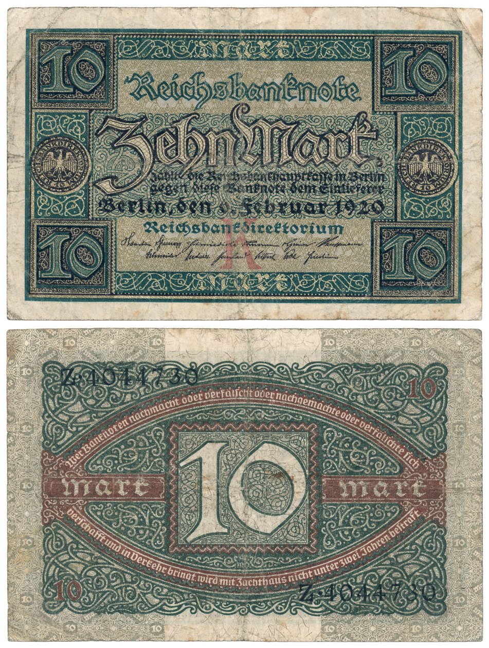 Banknot dziesięciomarkowy, 1920 (odwrócony i odwrócony) autorstwa German School
