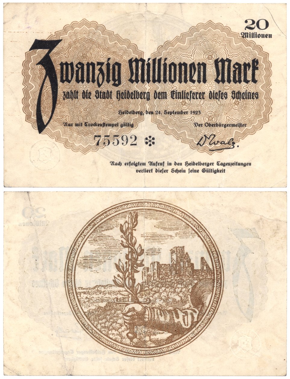 Banknot 20 milionów marek, 1923 (odwrócony i odwrócony) autorstwa German School