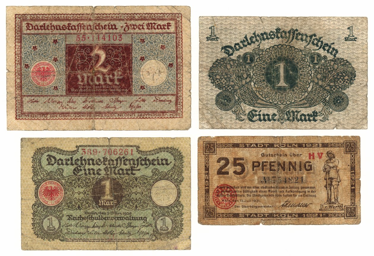 Banknot dwumarkowy, dwa jednomarkowy i dwudziestopięciofenigowy, 1920-21 autorstwa German School