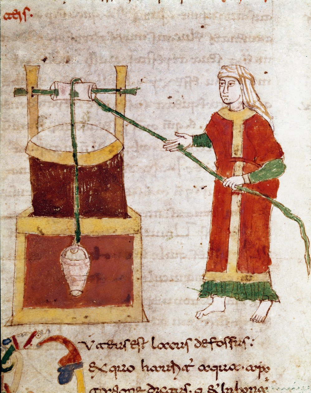 Kobieta czerpiąca wodę ze Studni Miniaturowej zaczerpniętej z tomu „De puteis” rękopisu „De Universe” (lub De rerum naturis (De la Nature des chooses)) (kod. 132) autorstwa Rabanus Maurus Magnentius (lub Raban Maur lub Rabano Mauro) (ok. 780-856). 9 wiek autorstwa German School