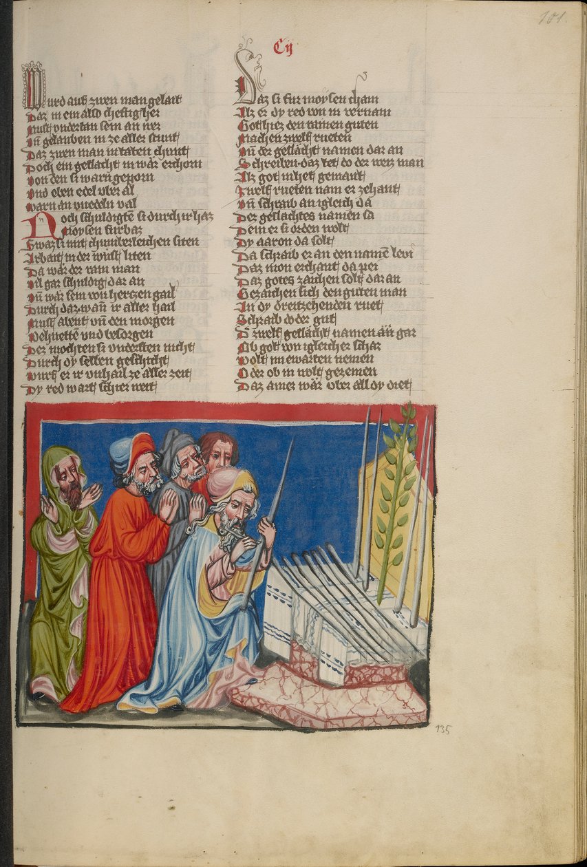 Kwitnący Kostur Aarona z Weltchronik Ms. 33, fol. 101, ok.1400-10 (tempera, złota i srebrna farba, tusz na pergaminie) autorstwa German School
