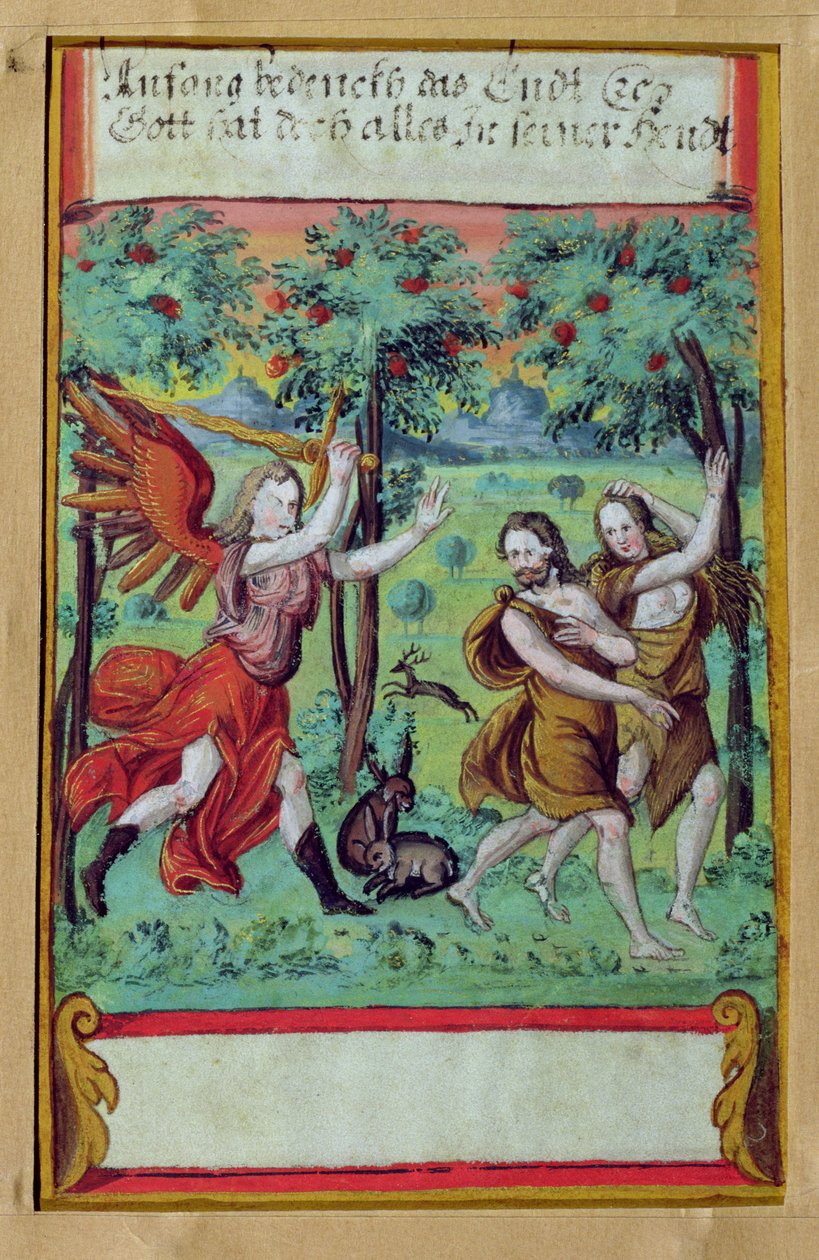 Adam i Ewa Wygnani z Ogrodu Eden, ok. 1640 (gwasz na welinie) autorstwa German School