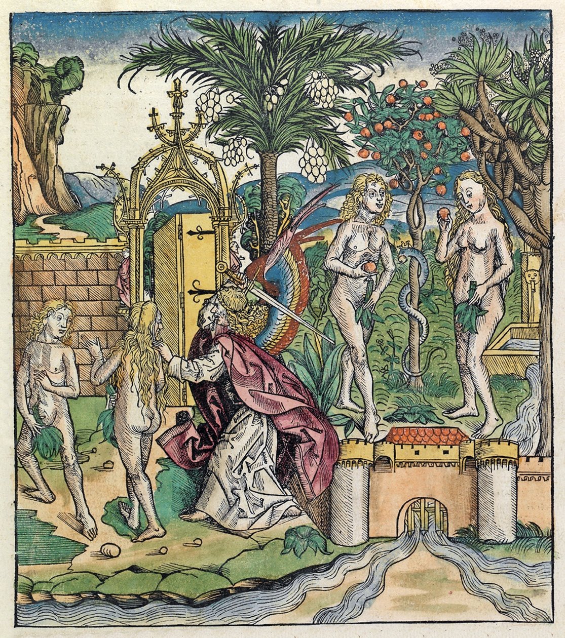 Adam i Ewa wygnani z Edenu, opublikowana w Kronice norymberskiej, 1493 autorstwa German School