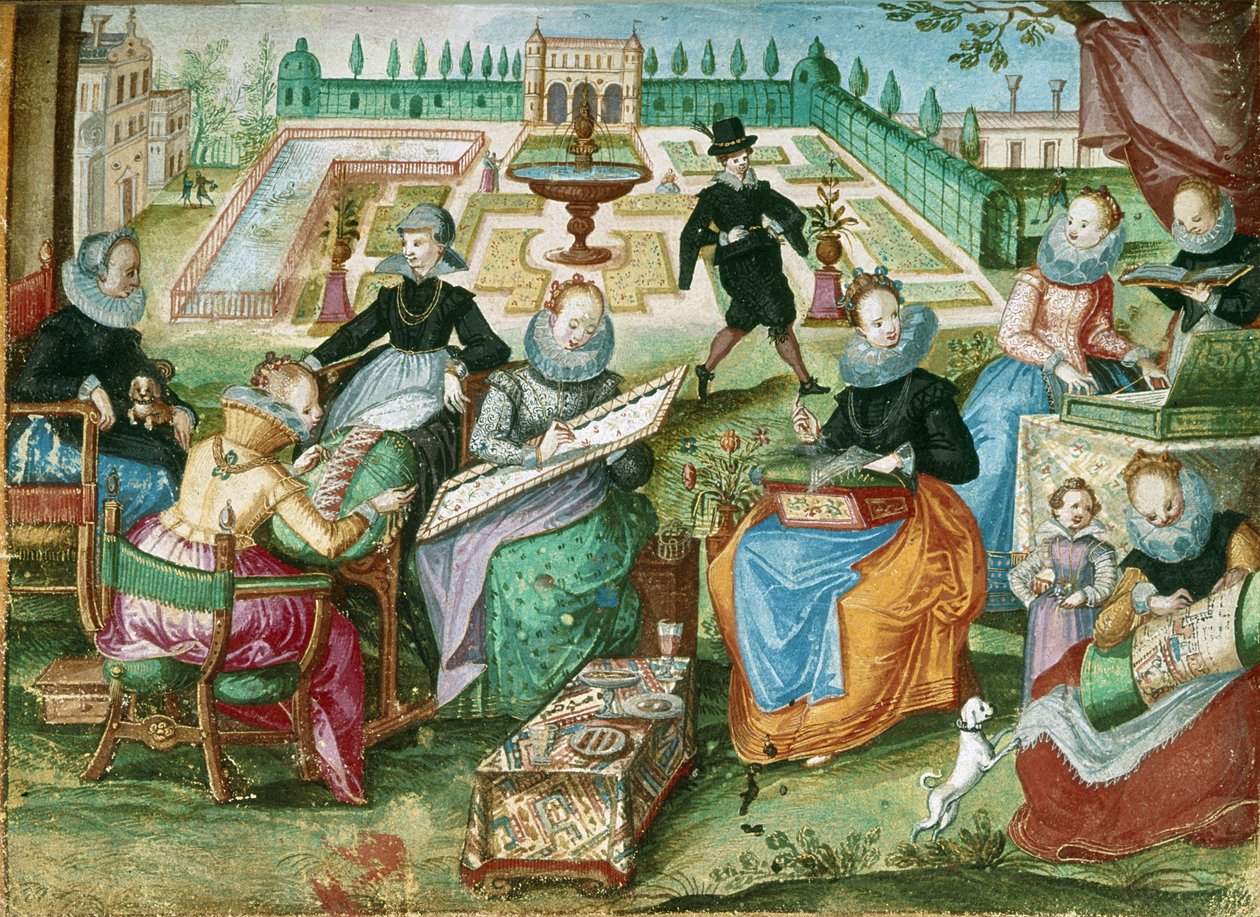 Add.1 7025 fol.50 Panie siedzące przy haftowaniu, z „Album Amicorum Gervasius Fabricius” (kolor litho) autorstwa German School