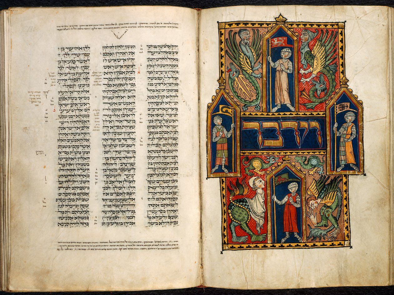 Dodać. 15282 fol.179v-180 Zdobione pierwsze słowo Księgi Liczb, z „Księcia Sussex Niemieckiego Pięcioksięgu”, ok. 1300 (welum) autorstwa German School