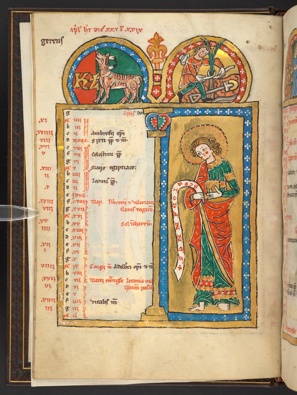 Dodać. 60629, f.2v kwiecień, część 12 kart kalendarza w kolorze złotym i kolorowym, z ramami architektonicznymi, każda zawierająca znak zodiaku, apostoła i trud miesiąca (welum) autorstwa German School