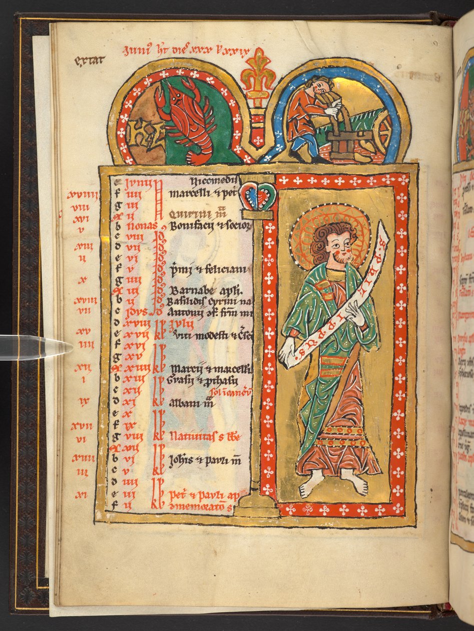 Dodać. 60629, f.3v czerwca, od 12 stron kalendarza w kolorze złotym i kolorowym, z ramami architektonicznymi, każda zawierająca znak zodiaku, apostoła i trud miesiąca (welum) autorstwa German School