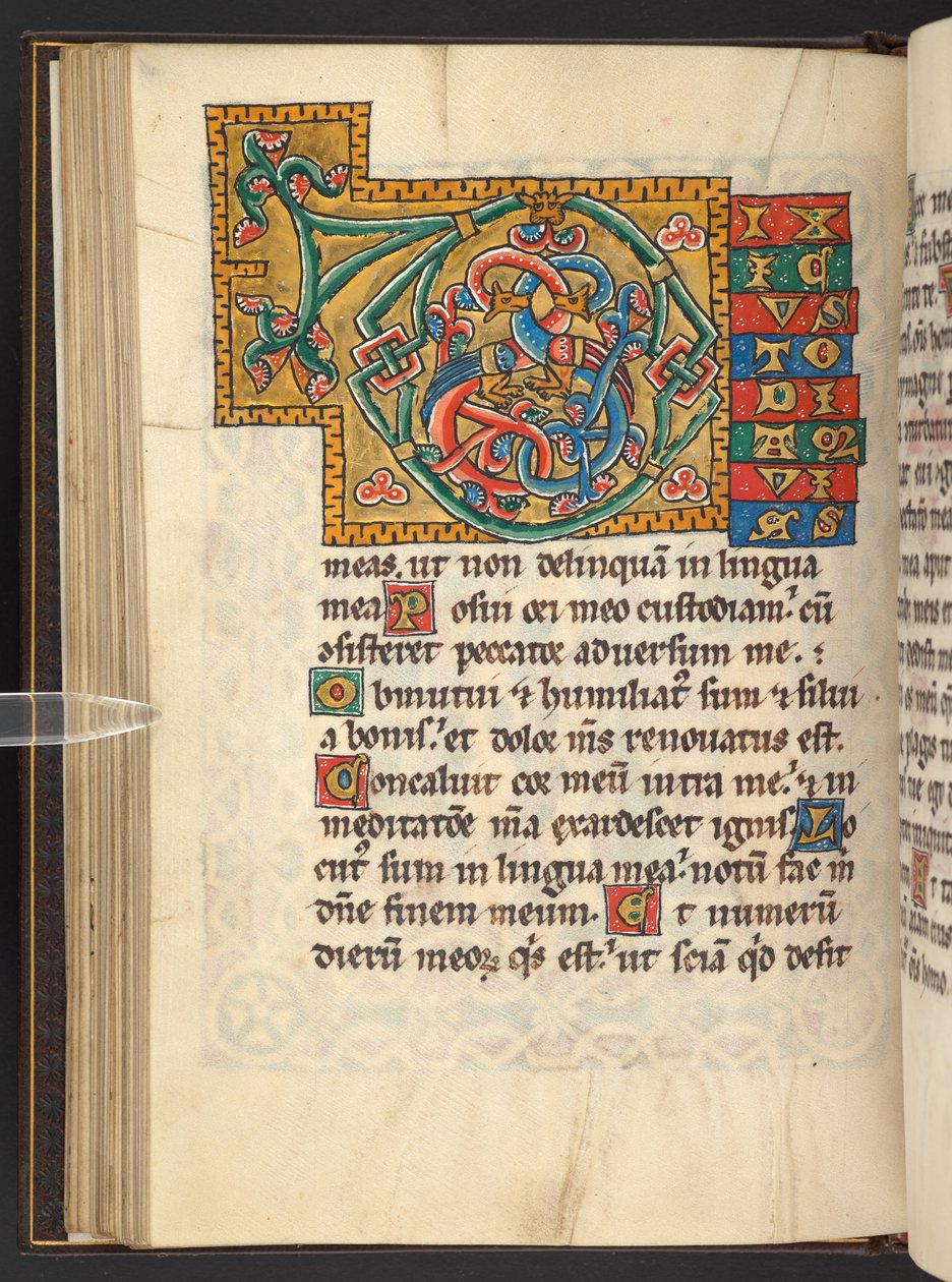 Dodać. 60629, f.43v Duże oprawione inicjały w kolorze złotym i kolorowym z ornamentem roślinnym, czasem zoomorficznym i antropomorficznym (welum) autorstwa German School