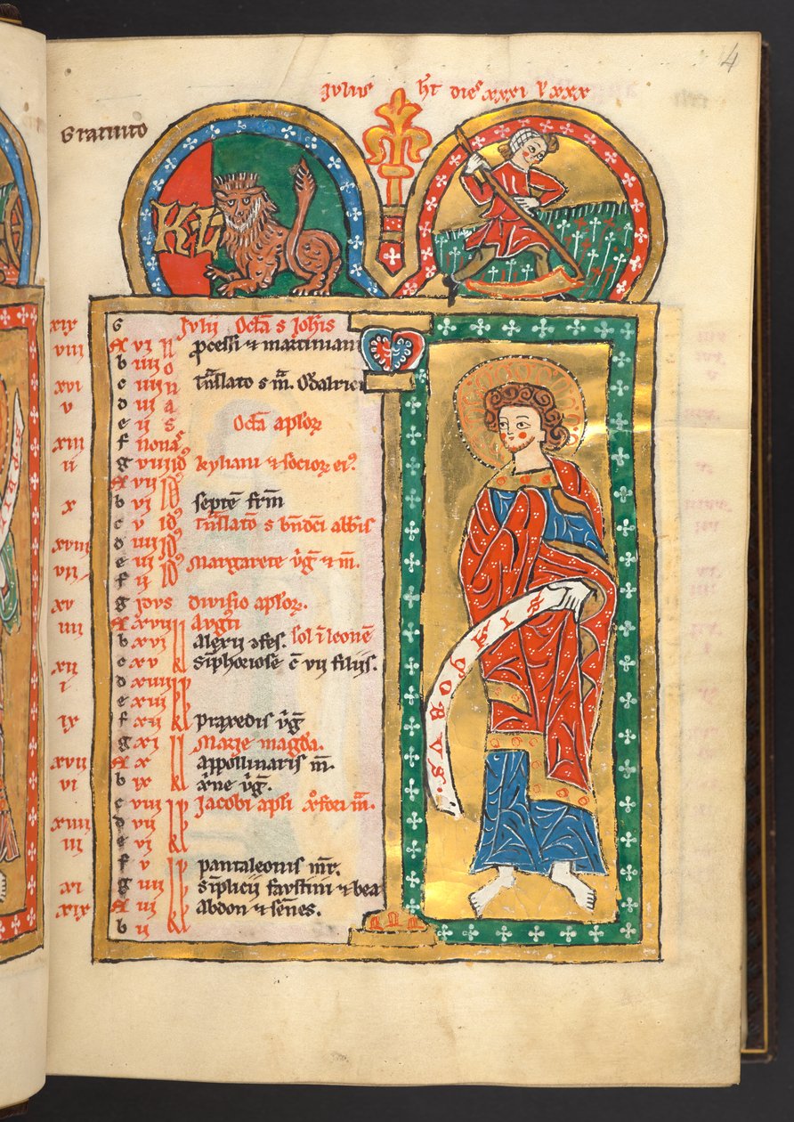 Dodać. 60629, f.4 Lipiec. 12 kartek kalendarza w kolorze złotym i kolorowym, z ramkami architektonicznymi, z których każda zawiera znak zodiaku, apostoła i pracę miesiąca.  Psałterz. Psałterz iluminowany z kalendarzem, kantykami i litaniami na użytek mnisz autorstwa German School