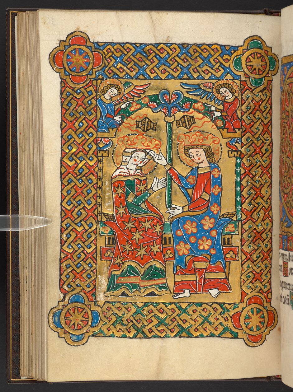 Dodać. 60629, f.56v Koronacja Marii, z okadzającymi aniołami (welum) autorstwa German School