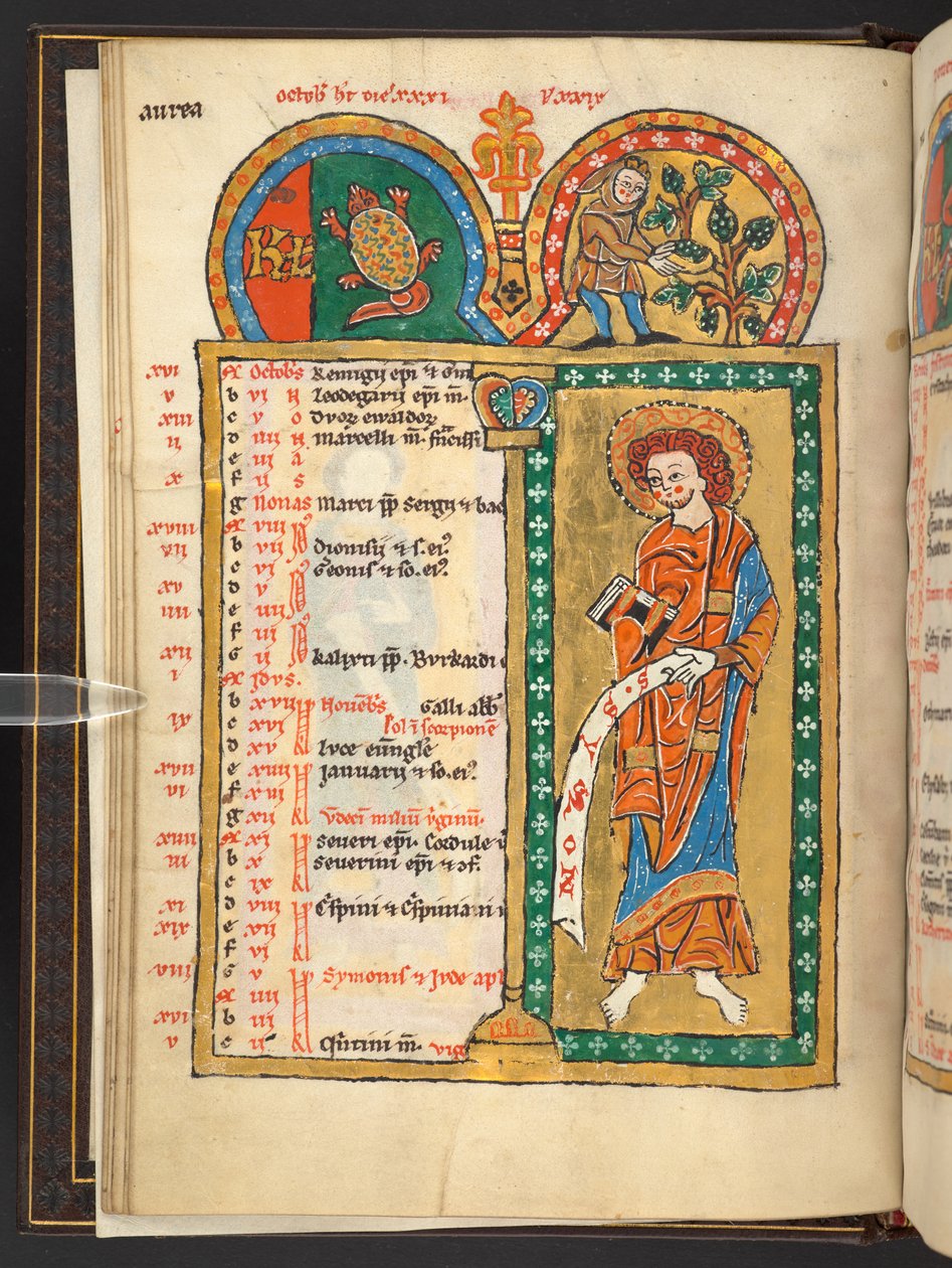 Dodać. 60629, f.5v Październik. 12 kartek kalendarza w kolorze złotym i kolorowym, z ramkami architektonicznymi, z których każda zawiera znak zodiaku, apostoła i pracę miesiąca.  Psałterz. Psałterz podświetlany z kalendarzem, kantykami i litaniami na użyte autorstwa German School