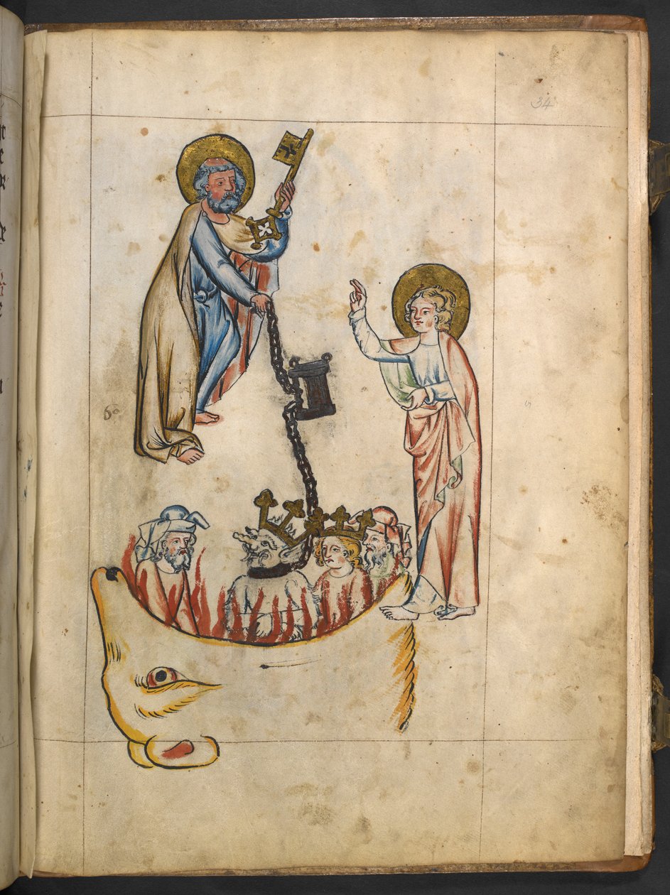 Dodaj MS 15243 f.34r Anioł trzymający klucz do bezdennego dołu, ilustracja z „Apokalipsy”, ok. 1350-70 (tusz i kolor na pergaminie) autorstwa German School