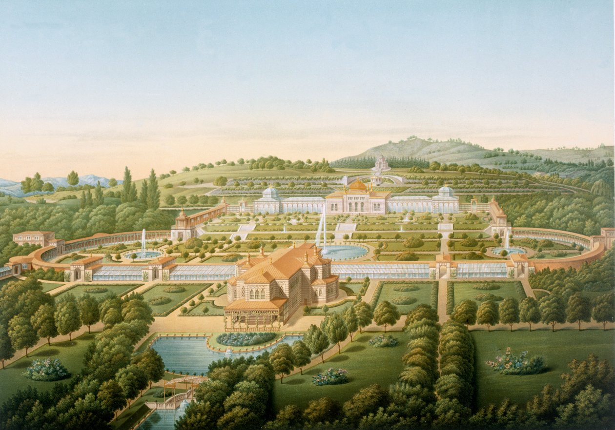 Widok z lotu ptaka na willę króla Guillaume z Wirtembergii, opublikowana 1860 autorstwa German School
