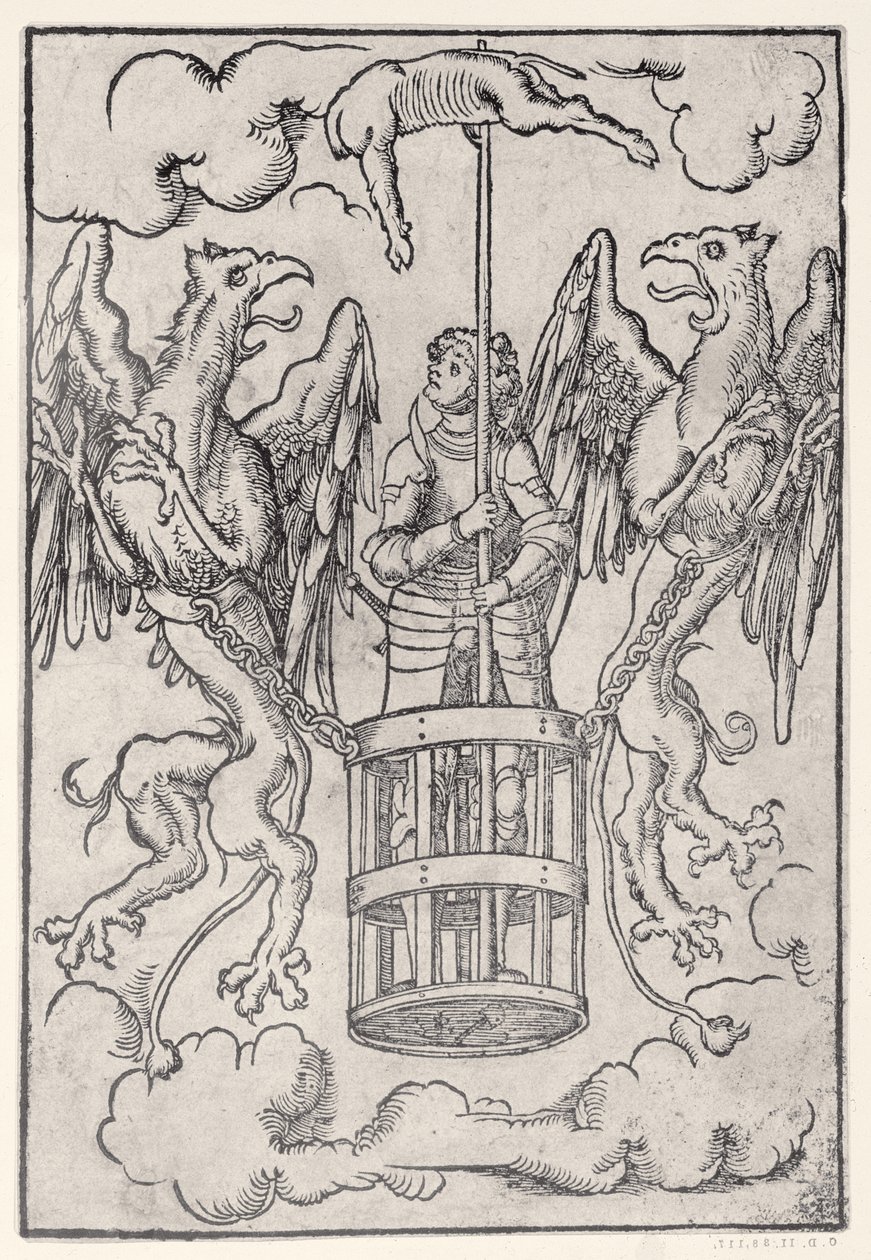 Aleksander Wielki uniesiony w powietrze przez dwa gryfy, ok. 1525 autorstwa German School