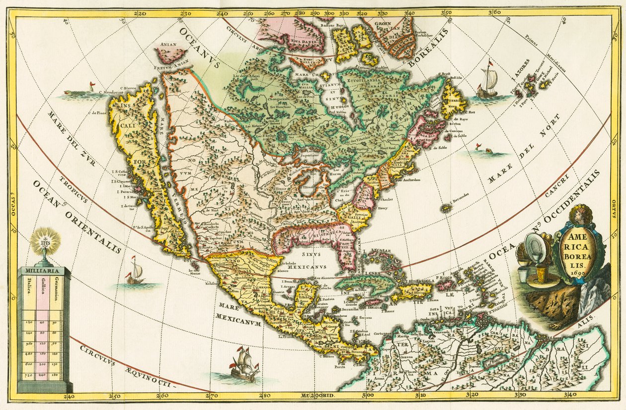 Ameryka Północna. Mapa Ameryki Północnej przedstawiająca Kalifornię jako wyspę, z Geographia hierarchica Heinricha Scherera autorstwa German School