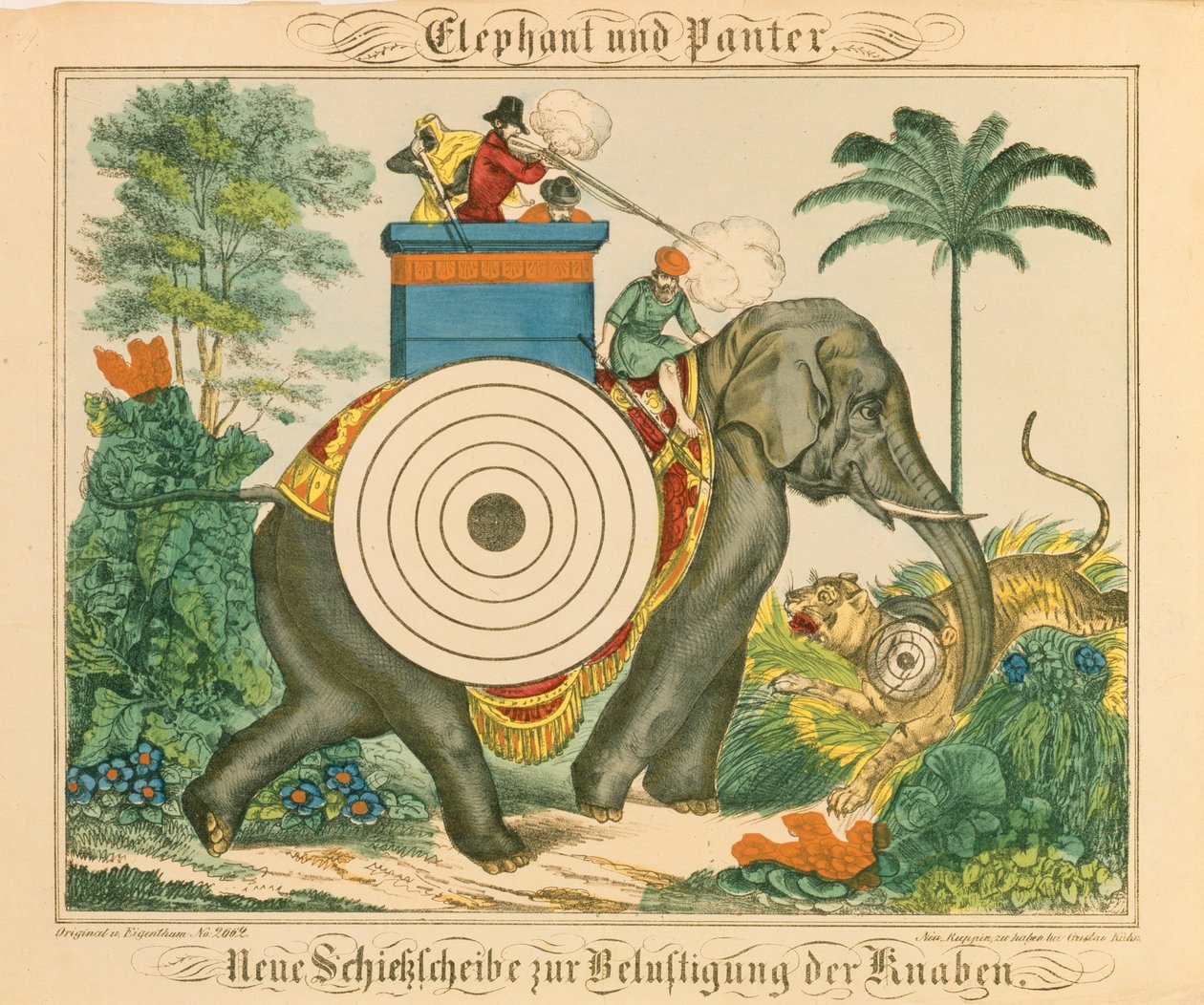 Słoń i pantera z tarczami, z Neuruppiner Bilderbogen, 1850 autorstwa German School