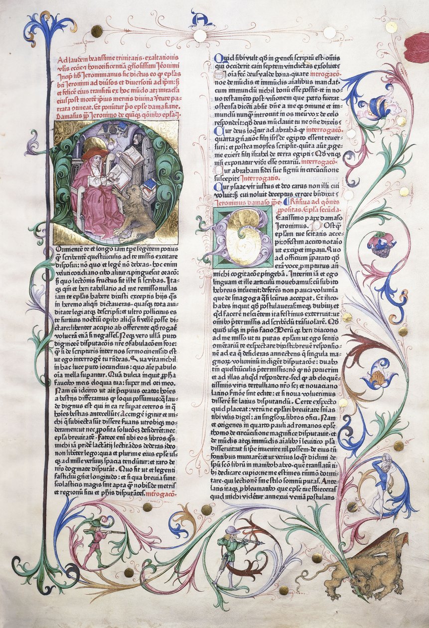 Iluminowana strona przedstawiająca św. Hieronima w jego gabinecie oraz ramka z gryfem zaatakowanym przez trzech mężczyzn, 1470 autorstwa German School