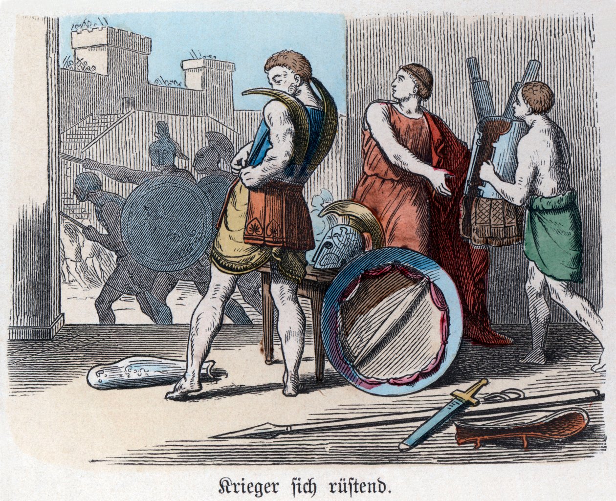 Historia starożytna. Grecja. Greccy wojownicy uzbrajający się na wojnę. ... (rycina) autorstwa German School