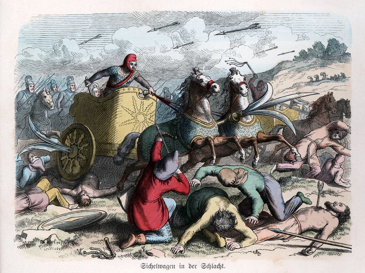 Historia starożytna. Persja. Rydwan wojenny z sierpami w kołach. ... (rycina) autorstwa German School