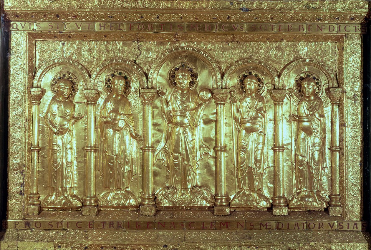 Antependium przedstawiające Chrystusa z darczyńcami u jego stóp pomiędzy archaniołami Gabrielem, Rafałem i Michałem oraz św. Benedyktem (złoto) (patrz także 162678) autorstwa German School