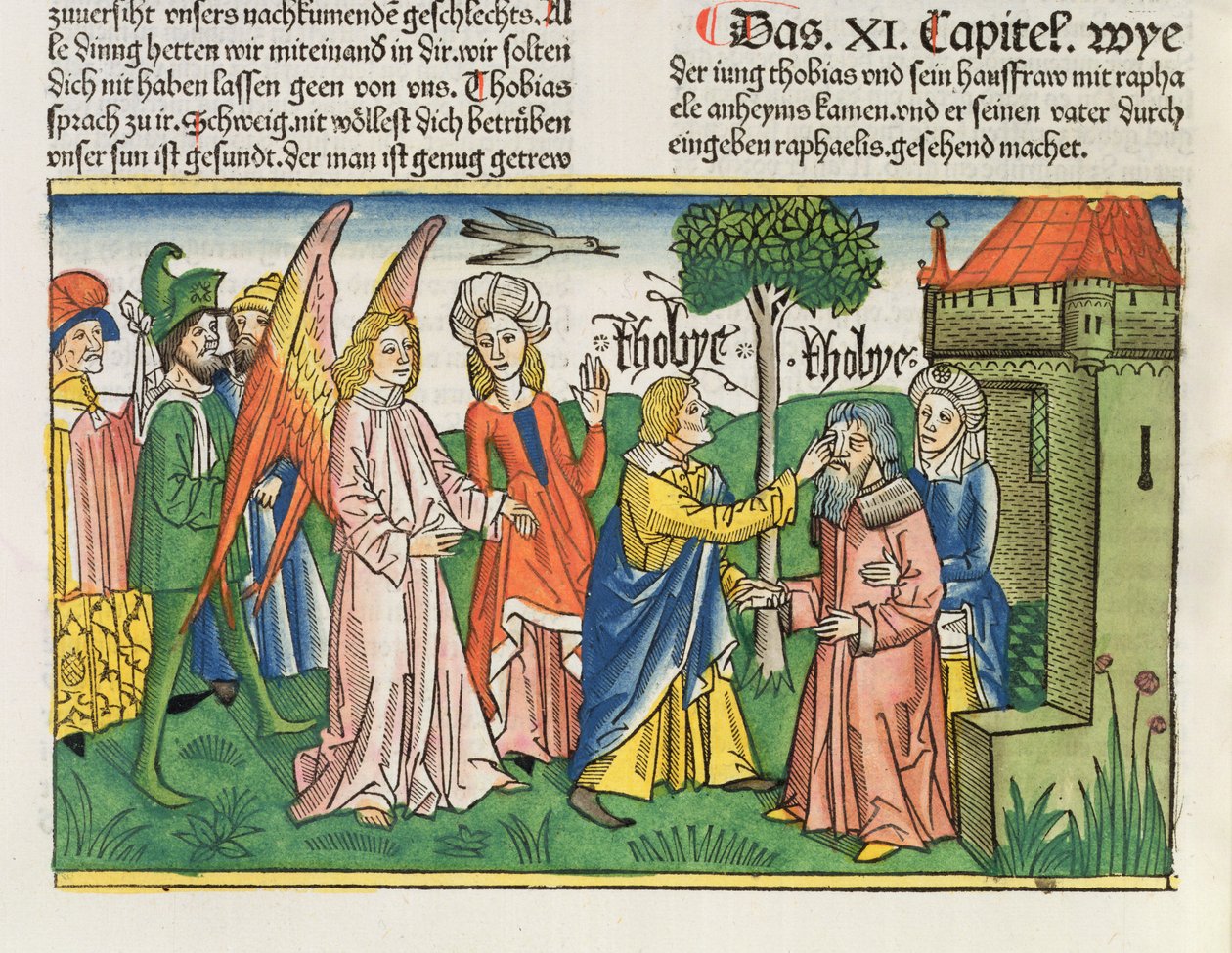 Apocrypha: Tobiasz przywraca ojcu Tobitsowi wzrok z żółcią ryby, z Biblii Norymberskiej (Biblia Sacra Germanaica) (kolorowy drzeworyt) autorstwa German School