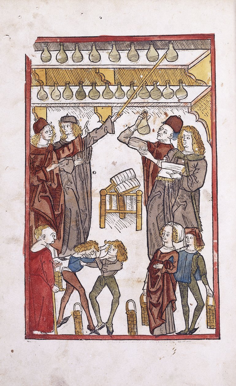 Aptekarze i mikstury, z dwoma chłopcami walczącymi na pierwszym planie, 1491 autorstwa German School